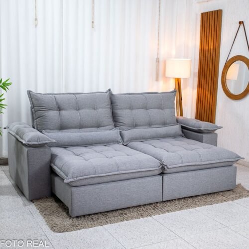 Sofá Retrátil Reclinável Zara 2.50m Linho Cinza 1008 - Molas Ensacadas