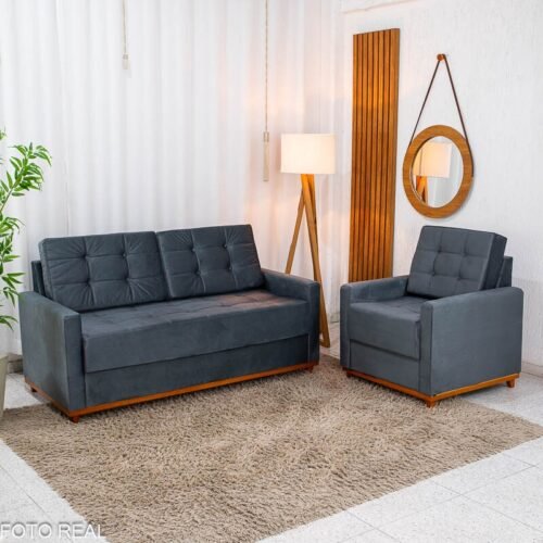 Sofá Áustria 3 Lugares + Poltrona Áustria Veludo Grafite A15